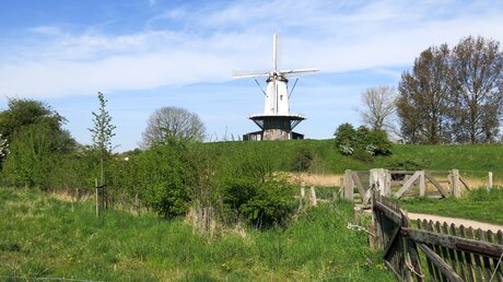 Windmühle "De Koe" am 20. April 2022 in Veere, Niederlande. / © Gottfried Bohl (KNA)