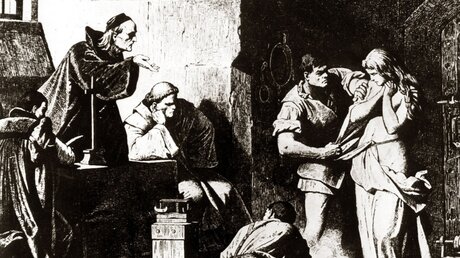 Kupferstich: Inquisition und Folter einer Hexe / © N.N. (KNA)
