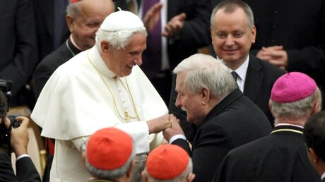 2008: Der damalige Papst Benedikt XVI trifft den früheren polnischen Präsidenten Lech Walesa / © Giuseppe Giglia (dpa)