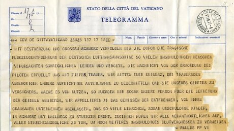 Telegramm belegt die Bereitschaft Papst Pauls VI. zum Geiselaustausch (Erzbistum Köln)
