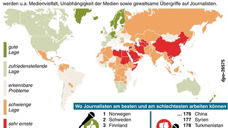 Weltkarte zur Lage der Presse- und Informationsfreiheit / ©  A. Brühl, Redaktion: B. Jütte. (dpa)