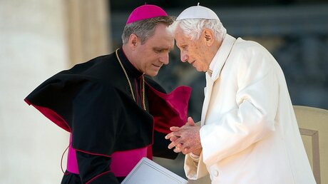 Papst Benedikt XVI. und sein Privatsekretär Georg Gänswein im Jahr 2013 / © Michael Kappeler (dpa)