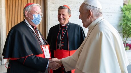 Papst Franziskus begrüßt Jean-Claude Hollerich, den Präsidenten der Kommission der Bischofskonferenzen der Europäischen Gemeinschaft (COMECE) und Erzbischof von Luxemburg, im Oktober 2021 im Vatikan. / © Vatican Media/Romano Siciliani (KNA)