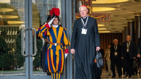 Kardinal Gerhard Ludwig Müller verlässt die Audienzhalle während der Weltsynode / © Paolo Galosi/Romano Siciliani (KNA)