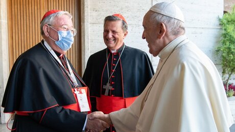 Papst Franziskus begrüßt Jean-Claude Hollerich (l), neben ihnen steht Kardinal Mario Grech, Generalsekretär der Bischofssynode / © Vatican Media/Romano Siciliani/ (KNA)