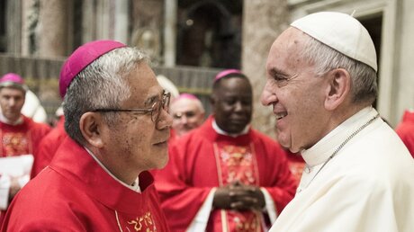 Kardinal Thomas Aquinas Manyo Maeda (l.), Erzbischof von Osaka, und Papst Franziskus am 29. Juni 2015 im Vatikan. / © Romano Siciliani (KNA)