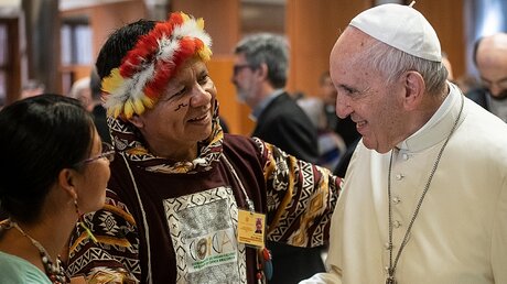 Papst Franziskus begrüßt Teilnehmer der Amazonas-Bischofssynode / © Vatican Media (KNA)