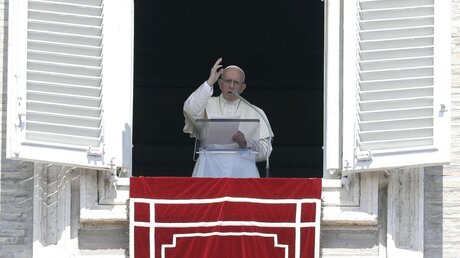 Papst Franziskus segnet die Menge beim Angelus-Mittagsgebet auf dem Petersplatz / © Gregorio Borgia (dpa)