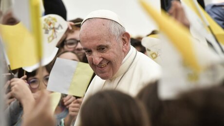 Papst Franziskus umringt von Vatikan-Fähnchen / © Cristian Gennari/Romano Siciliani (KNA)