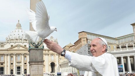 Papst Franziskus lässte eine weiße Taube fliegen  / ©  Osservatore Romano (dpa)