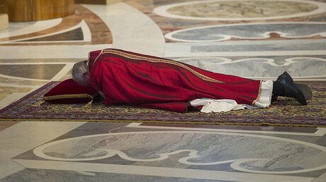 Papst Franziskus bei der traditionellen Karfreitagsliturgie im Petersdom / © Giorgio Onorati (dpa)