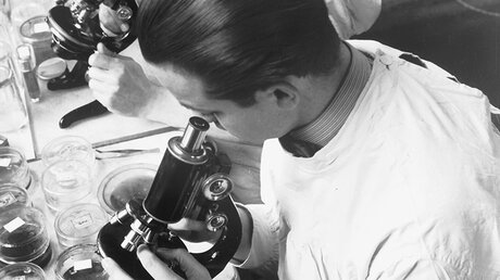 Zwei Laboranten am Mikroskop im Jüdischen Krankenhaus in Berlin, ca. 1935 / © Herbert Sonnenfeld (Jüdisches Museum Berlin)