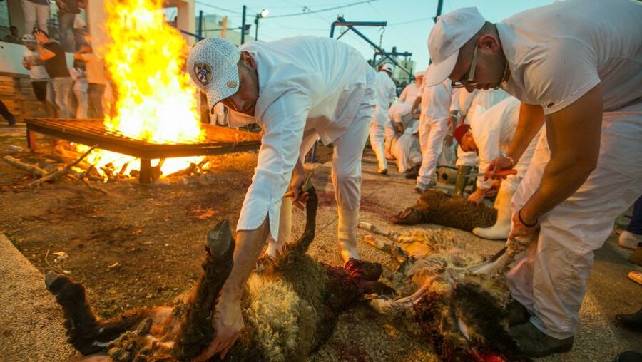 Samaritanische Priester zelebrieren das Ritual des Lammschlachtens  / © Yaniv Nadav (KNA)