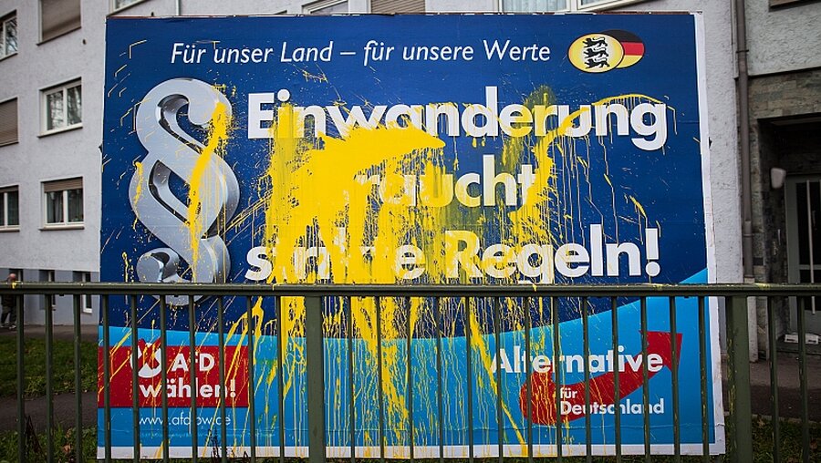 Beschmiertes Wahlplakat der AfD / ©  Christoph Schmidt (dpa)