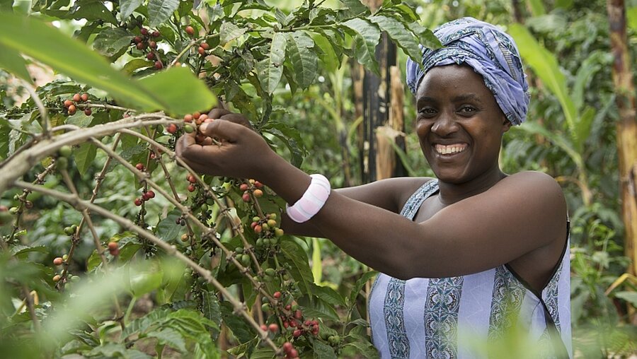 Kaffeebäuerin Agnes Tumuramye von ACPCU, Uganda / © C. Nusch (GEPA)