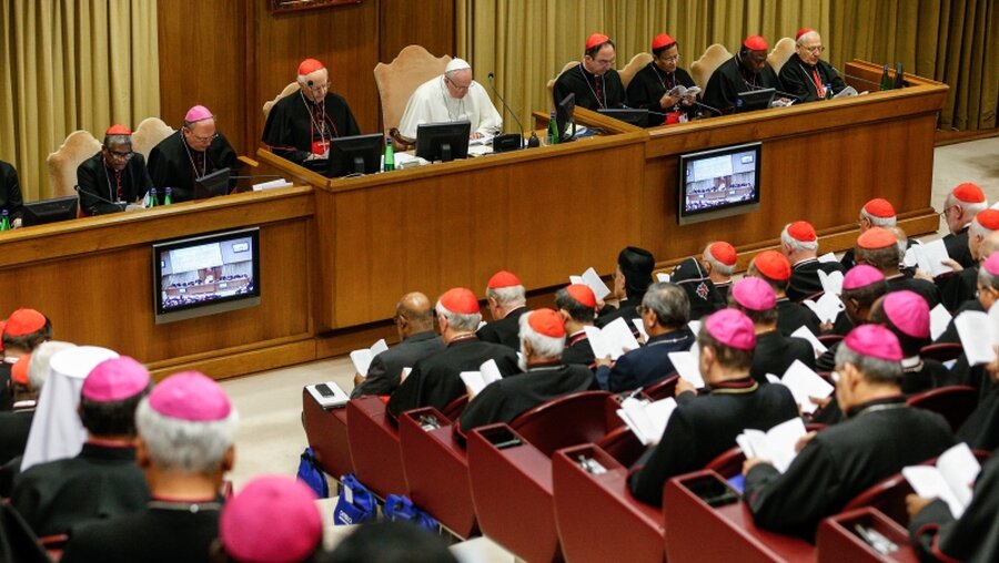Bischöfe und Papst Franziskus bei der 15. ordentlichen Generalversammlung der Bischofssynode / © Paul Haring (KNA)