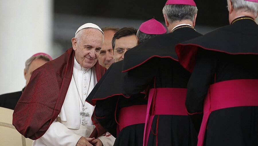 Papst Franziskus begrüßt Bischöfe / © Paul Haring (KNA)