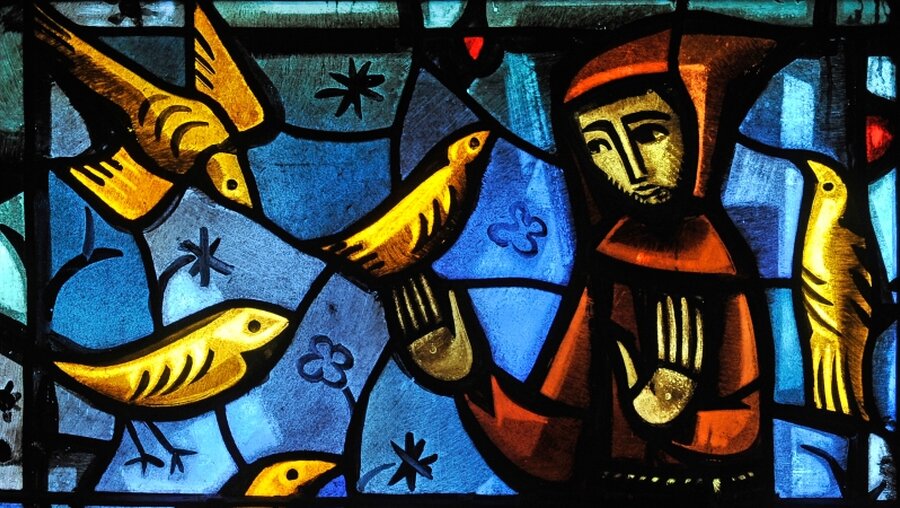 Glasfenster mit einer Darstellung der Vogelpredigt des heiligen Franziskus / © P.Razzo (KNA)