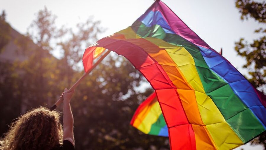 Homosexuelles Paar mit Regenbogenfahne / © M.Moira (shutterstock)