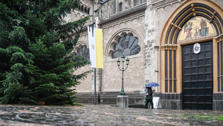 Flagge des Vatikans mit Trauerflor in Bonn / © Julia Steinbrecht (KNA)