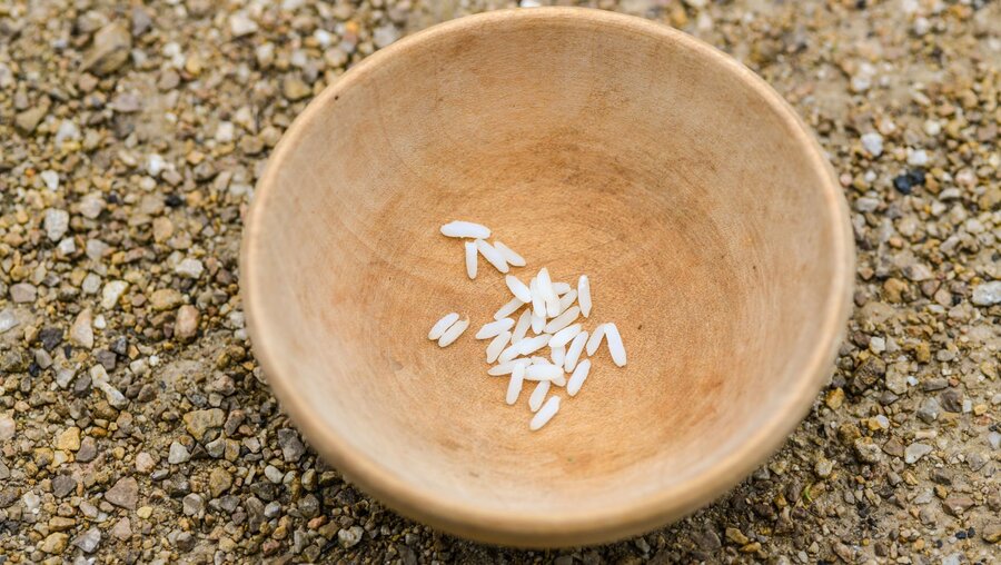 Symbolbild: Hunger. Eine Schale aus Holz mit nur wenigen Reiskörnern steht auf dem Boden / © Harald Oppitz (KNA)