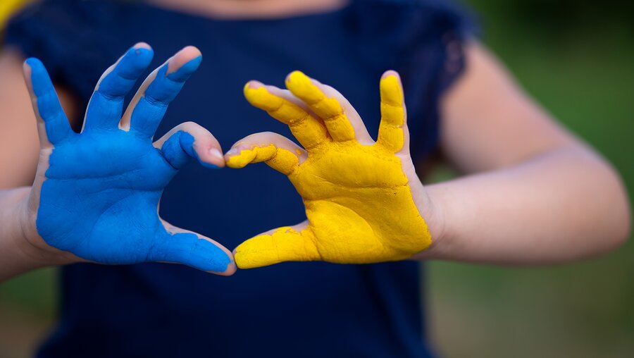 Hände in den Farben der ukrainischen Nationalflagge angemalt formen ein Herz / © Anna Koberska (shutterstock)