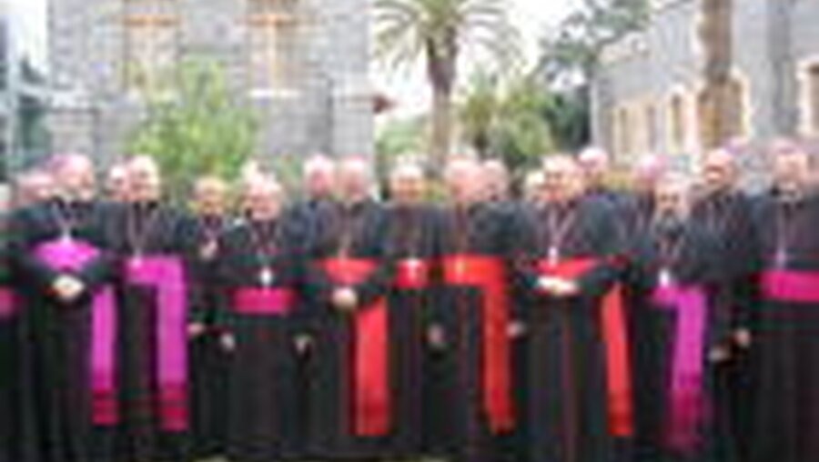 Gruppenbild vor Dattelpalme: Deutsche Bischöfe in Tabgha (DBK)