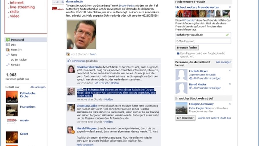 Bei facebook ist zu Guttenberg gerade ein großes Thema (DR)