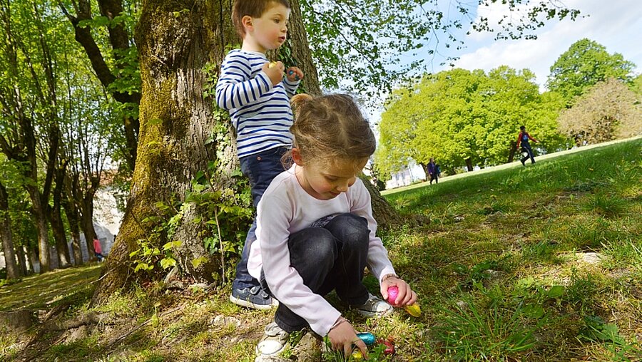 Kinder suchen auf einer Wiese nach Ostereiern. / © Corinne Simon (KNA)