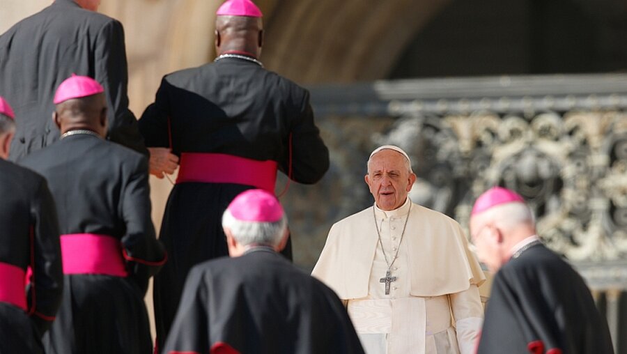 Papst Franziskus umgeben von Bischöfen im Vatikan / © Paul Haring (KNA)