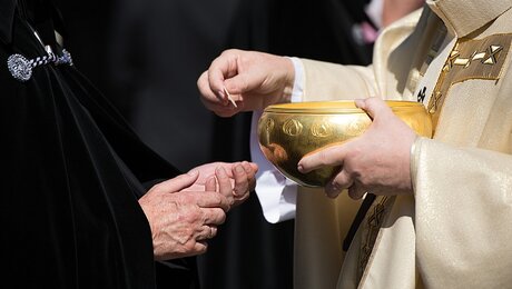 Priester spendet Kommunion / © Sebastian Widmann (KNA)