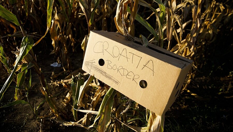 Ein Schild nahe Berkasovo weist den Weg nach Kroatien  / © Zoltan Balogh (dpa)