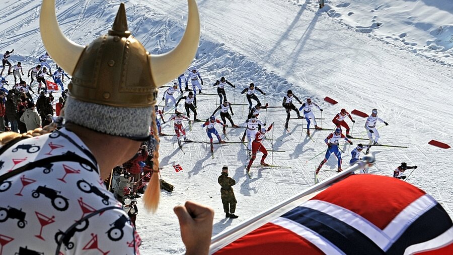 Norwegischer Fan mit Wikinger-Helm und Nationalflagge / © Patrick Seeger (dpa)