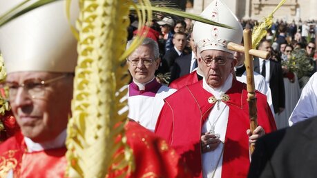 "Papst Franziskus feiert den Gottesdienst am Palmsonntag auf dem Petersplatz am 20. März 2016 in Rom. Bild: Ankunft des Papstes auf dem Platz." (KNA)