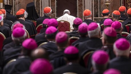 apst Franziskus zwischen Kardinälen und Bischöfen / © Stefano Dal Pozzolo (KNA)