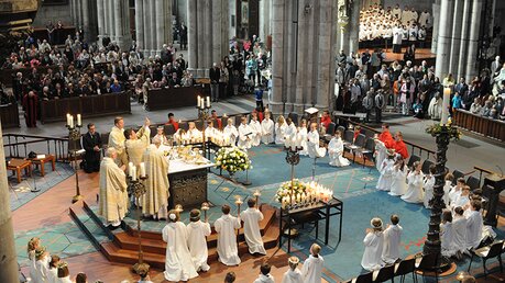 Auch bei den Erstkommunionfeiern im Dom gibt es einen festen Ablauf - hier mit Zelebrant Domvikar Hopmann am 5. Mai 2013. / © Beatrice Tomasetti (DR)