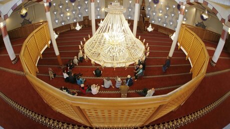 Besucher stehen am Tag der offenen Moschee während einer Führung in dem Gebetsraum der Yavuz-Sultan-Selim-Moschee in Mannheim. / © Ronald Wittek (dpa)