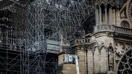 Eine Drehleiter der Feuerwehr ist bis zu einem Baugerüst an der Kathedrale Notre-Dame ausgefahren / © Sadak Souici (dpa)