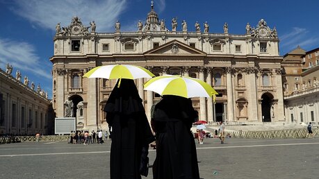 Guter Sonnenschutz: Schirm mit den vatikanischen Farben / © Gregorio Borgia (dpa)