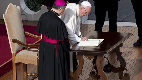 Papst Franziskus unterzeichnet sein Schreiben zum Heiligen Jahr / © Maurizio Brambatti (dpa)