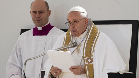 Papst Franziskus während seiner Ansprache in L Aquila / © Domenico Stinellis (dpa)