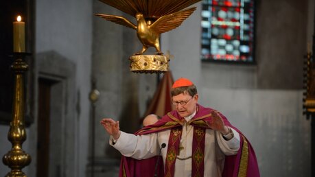 Kardinal Woelki spricht am Ende der Taufzulassungsfeier über alle Taufbewerber den Segen. / © Beatrice Tomasetti (DR)