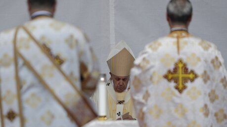 Papst Franziskus bei der Seligsprechung / © Andrew Medichini (dpa)