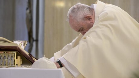 Papst Franziskus betet für die Verstorbenen der Corona-Pandemie während eines Gottesdienstes am 30. April 2020 in der Kapelle Santa Marta im Vatikan. / © Vatican Media/Romano Siciliani (KNA)