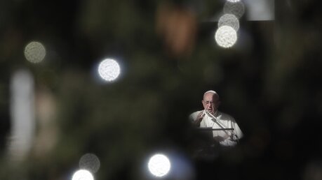 Papst Franziskus spricht beim Mittagsgebet aus einem Fenster am Petersplatz / © Alessandra Tarantino (dpa)