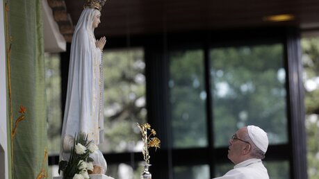 Papst Franziskus betet am Heiligtum der Fatima (Portugal). / © Alessandra Tarantino (dpa)