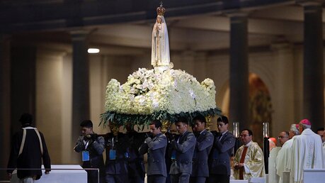 Die Marienstatue wird durch die Menge der Pilger getragen.  / © Armando Franca (dpa)