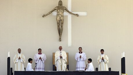 Papst Franziskus (M) die Heilige Messe.  (dpa)