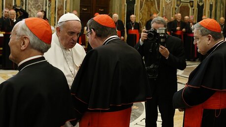 Papst Franziskus spricht mit Kurienkardinal Kurt Koch / © Paul Haring/CNS (KNA)