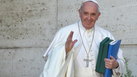 Jetzt ist es an ihm: Papst Franziskus mit dem Text der Bischöfe / © Ferrari (dpa)